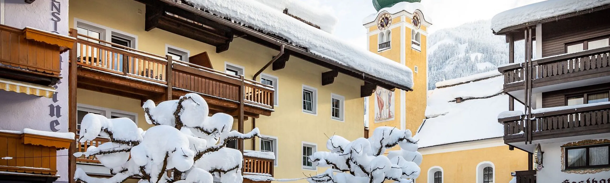 Schneebedeckte Gebäude und Bäume in einer Winterdorf-Szene